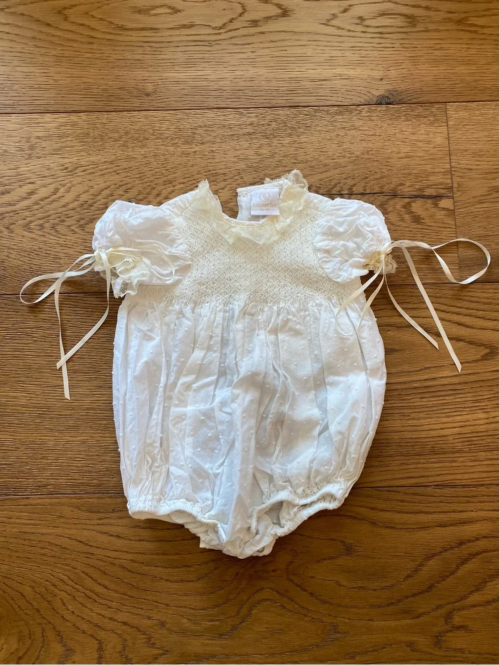 Lullaby Set White Smocked Baby Romper with Cream Lace